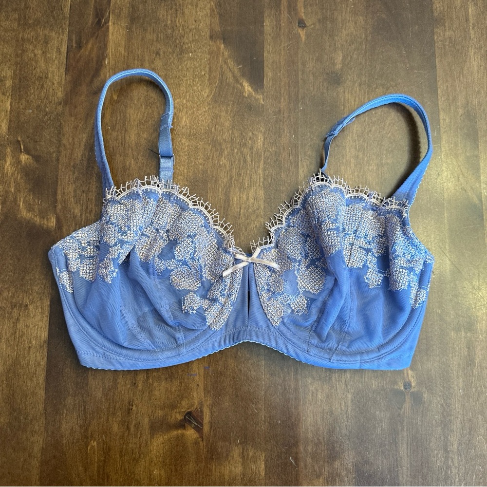 Fayreform Bra 32E Blue Lace‎ Sexy Lingerie Romantic Sheer Adjustable Victorian